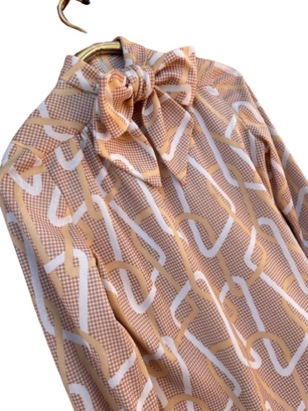 Vintage retro blouse 60s70s abstract  houndstooth geometric tie neck pullover M